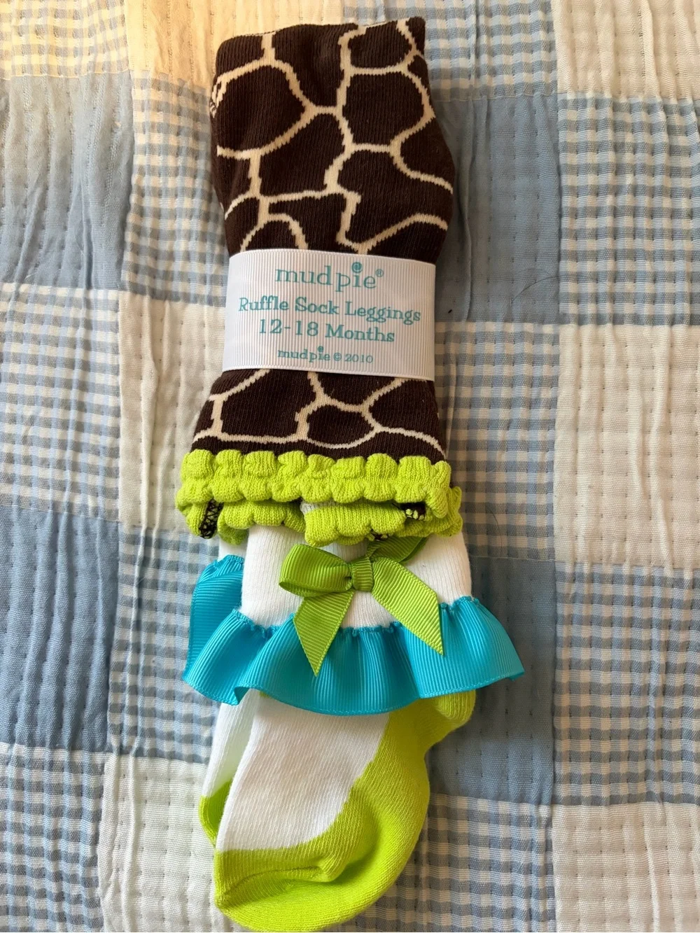 Mud Pie Brown Giraffe Ruffle Sock Leggings with Lime and Teal Accents